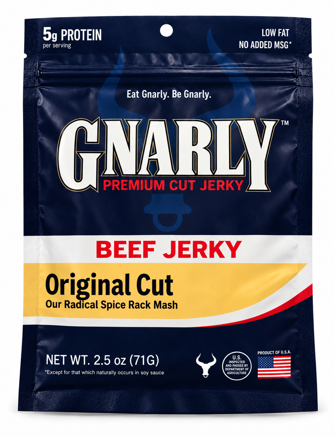 Front of a 2.5 oz bag of Gnarly Jerky Original Cut beef jerky