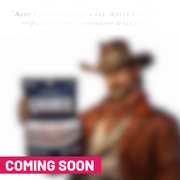 Blurred illustration of a cowboy character holding a bag of Gnarly Jerky Whiskey Peppercorn, with a Coming Soon banner