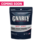 Front of a 2.5 oz bag of Gnarly Jerky Smoky Sweet Chipotle beef jerky, with a Coming Soon banner