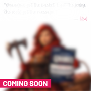 Blurred illustration of a red-hooded character with an axe holding a bag of Gnarly Jerky Smoky Sweet Chipotle, with a Coming Soon banner