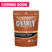 Front of a 2.5 oz bag of Gnarly Jerky Black Sesame Ginger turkey jerky, with a Coming Soon banner