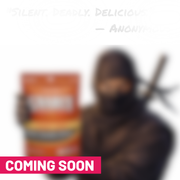 Blurred illustration of a masked ninja character holding a bag of Gnarly Jerky Black Sesame Ginger, with a Coming Soon banner