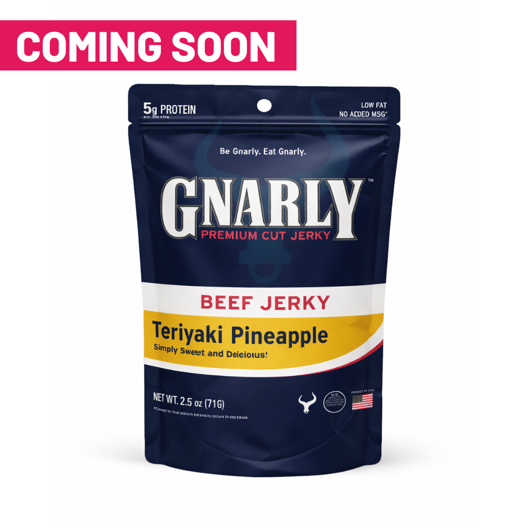 Front of a 2.5 oz bag of Gnarly Jerky Teriyaki Pineapple beef jerky, with a Coming Soon banner