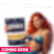 Blurred illustration of a mermaid character holding a bag of Gnarly Jerky Teriyaki Pineapple, with a Coming Soon banner
