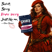 Illustrated Cheri Banero character in red holding a bag of Gnarly Jerky Cheribanero beef jerky, beside the words "Sweet. Spicy. Never sorry. Just like me."