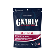 Front of a 2.5 oz bag of Gnarly Jerky Cheribanero beef jerky