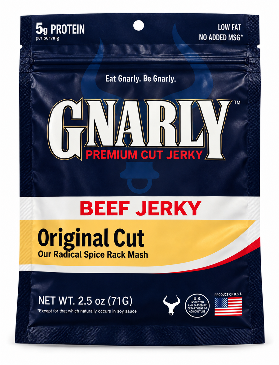 Front of a 2.5 oz bag of Gnarly Jerky Original Cut beef jerky