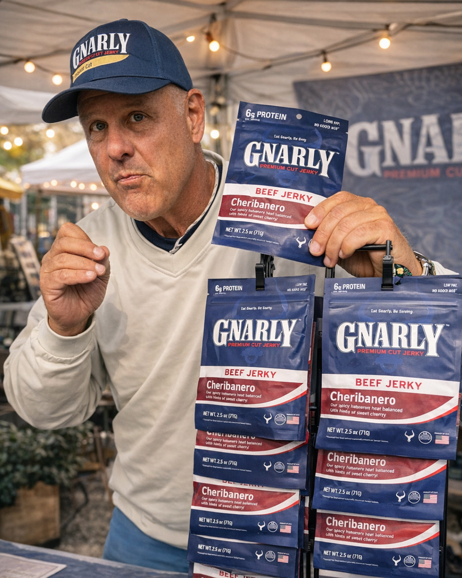 Man in a Gnarly cap holding hanging strips of Gnarly Jerky Cheribanero bags at an outdoor market booth